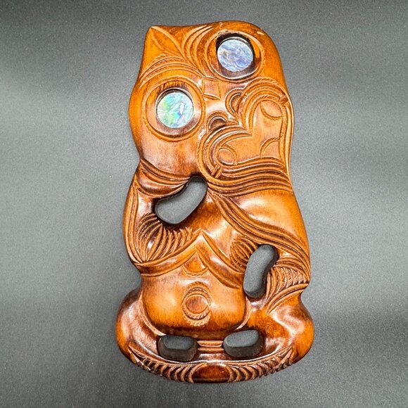 Tribal Maori mask carved Kauri wood with blue abalone Shell Eyes Wall Hanging - Picture 1 of 6